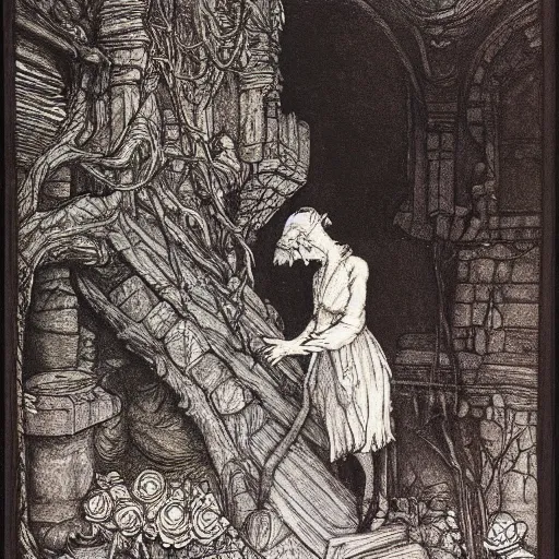 Image similar to once upon a midnight dreary, while i pondered, weak and weary, over many a quaint and curious volume of forgotten lore, by arthur rackham, highly detailed, 8 k,