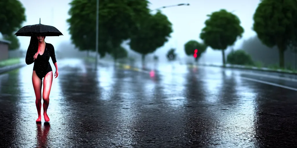 Prompt: hyperrealistic photo of a hot wet girl in the rain waling down the road, 8 k