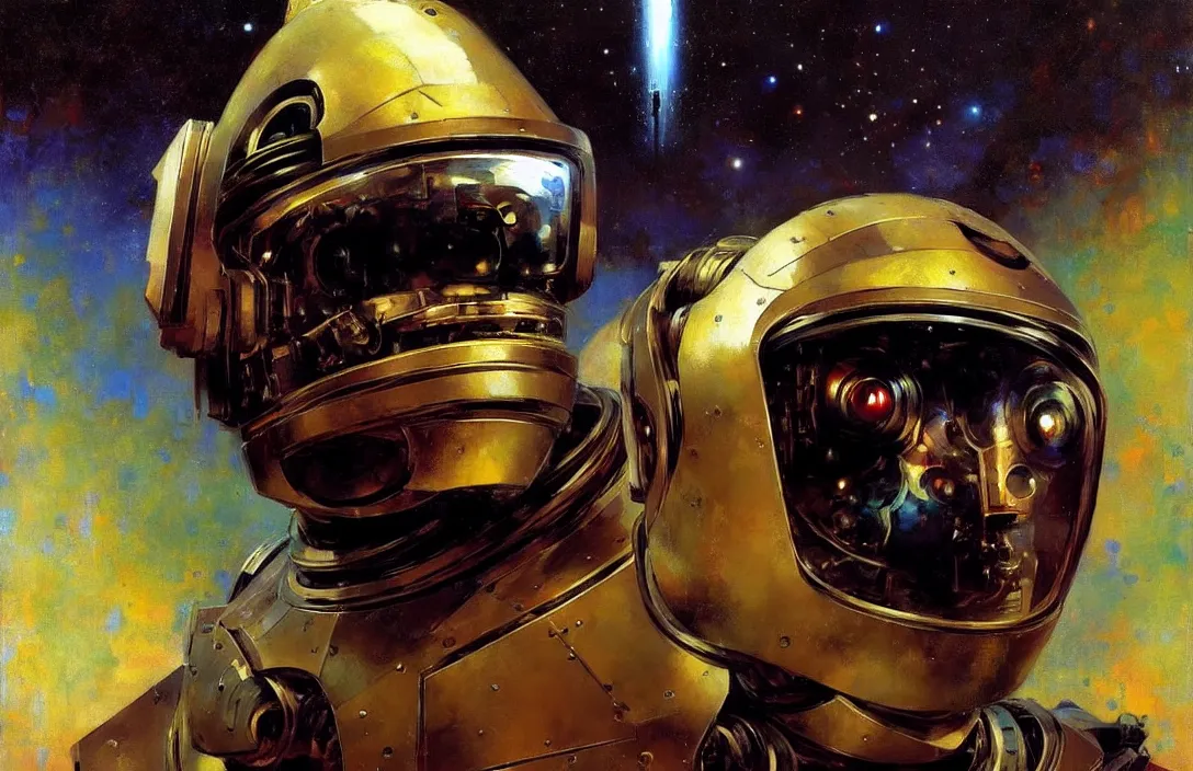 Image similar to portrait of futuristic space robot!!!!!!!!!!!!!!!!!!!!!!!!!!!, detailed face, detailed painting,, epic lighting, by ilya repin, phil hale and kent williams