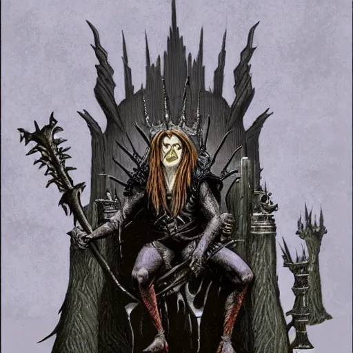 Image similar to goblin king, sitting on a throne, surrounded by his minion, dark fantasy, in the style of ted nasmith