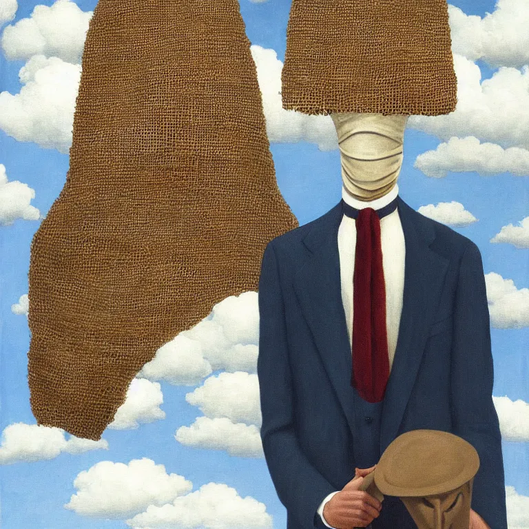 Prompt: portrait of a burlap sack - head man in a suit, clouds in the background, by rene magritte, detailed painting, distance, centered, hd, hq, high resolution, high detail, 4 k, 8 k