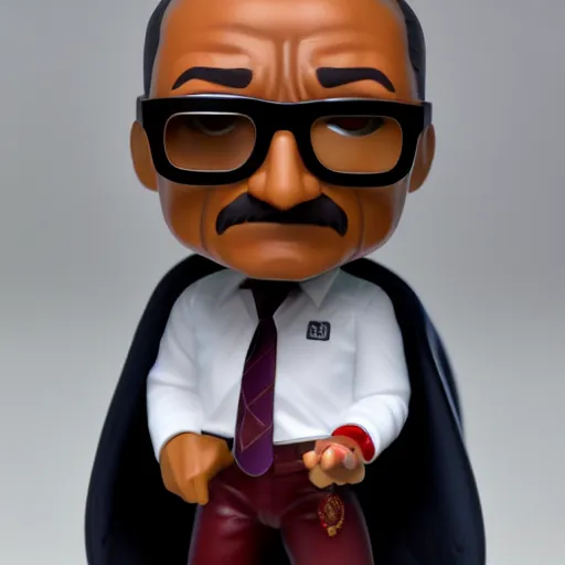 Image similar to funko pop gustavo fring with half of his face gone. toy design