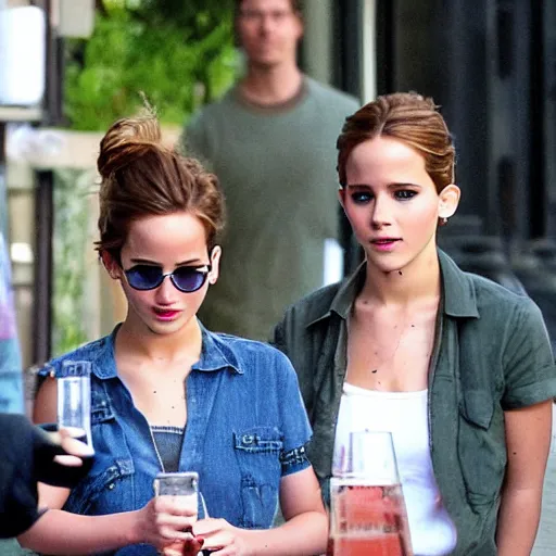 Prompt: Jennifer Lawrence drinking a pastis with Emma Watson