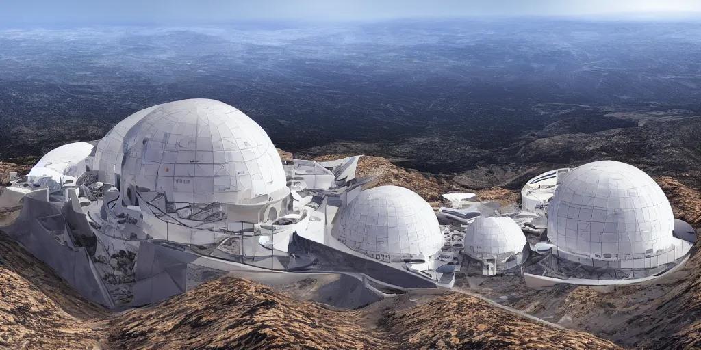 Prompt: Highly realistic arch-viz render of concept art for a modern Spanish observatory of multiple telescopes scattered across the mountaintop