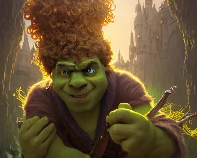 Prompt: michael cera as shrek, dressed as a wizard, deep focus, d & d, fantasy, intricate, elegant, highly detailed, digital painting, artstation, concept art, matte, sharp, illustration, hearthstone, art by artgerm and greg rutkowski and alphonse mucha
