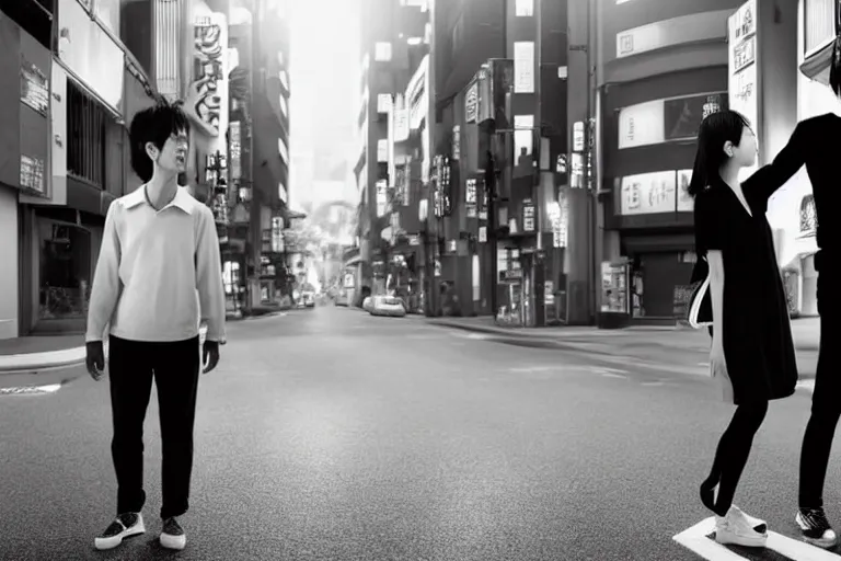 Prompt: still photo of two japanese couple holding hands on the street, black and white color aesthetic, highly detailed, photorealistic portrait, bright studio setting, studio lighting, crisp quality and light reflections, unreal engine 5 quality render