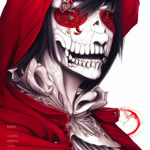 Image similar to anime manga skull portrait young woman skeleton, profile, red riding hood, unreal engine, Disney, intricate, elegant, highly detailed, digital art, art by JC Leyendecker and sachin teng