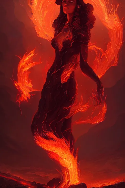 Prompt: beautiful powerful eldritch fire goddess clothed in a flaming gown, volcanic embers, magma, detailed matte fantasy portrait, dynamic lighting, bokeh backdrop, by greg rutkowski, by peter mohrbacher, by brom, hyperrealism, detailed features, 8 k dop dof hdr