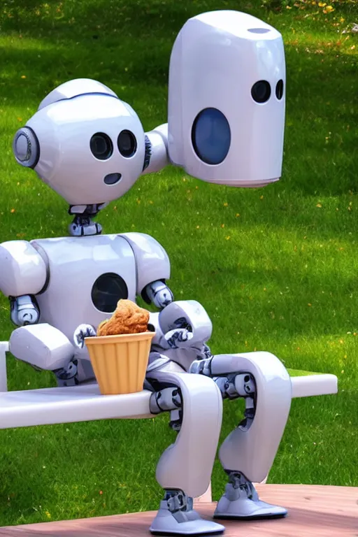 Image similar to a robot sitting on a bench eating ice cream