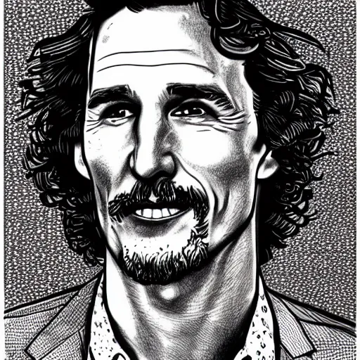 Image similar to a portrait drawing of Mathew McConaughey drawn by Robert Crumb