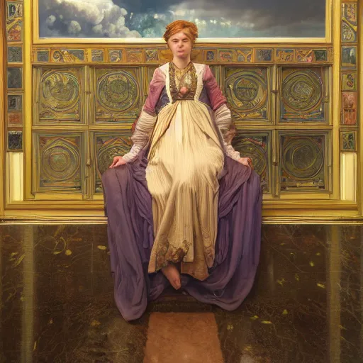 Image similar to a very detailed portrait painting of Isabelle, a very detailed french room, a very detailed dramatic sky, light particles, environment drawn by Donato Giancola and Tom Bagshaw, Edmund Leighton, character design by Alphonse Mucha, 4k, volumetric lighting, komorebi, award winning, octane render, hyperrealistic