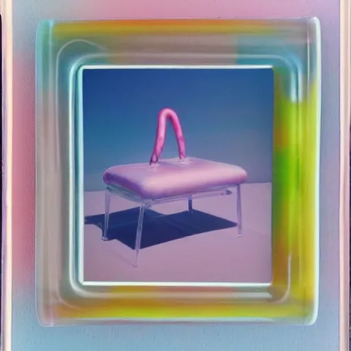 Prompt: a pastel colour high fidelity Polaroid photo from a holiday album at a seaside with abstract inflatable relaxing parachute furniture, all objects made of transparent iridescent Perspex no people, iridescence, nostalgic