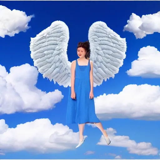 Image similar to bright blu sky. fluffy clouds. angels with big wings wake - up