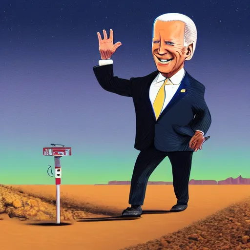 Image similar to drawing of Joe Biden , dressed in an alien costume , walking in the desert , in the style of Simon Stalenhag