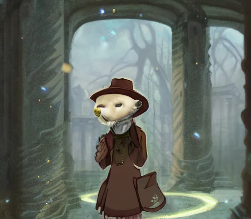 Image similar to A well dressed fursona of an Otter furry is a mage casting a magic spell, highly detailed fantasy anime artwork, ArtStation, pixiv, furaffinity, DeviantArt, impressionist romanticism, epic scenery in stone ruins
