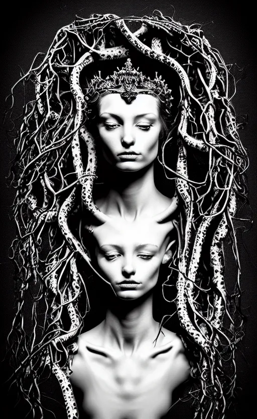 Prompt: dark background, a black and white high quality dreamy photo of a young beautiful female queen-vegetal-dragon-cyborg bust with a very long neck and delicate Mandelbrot fractal face, anatomical, facial muscles, veins, arteries, elegant, highly detailed, flesh highly baroque ornate, hair are curled wired cables, elegant, poetic, dreamy, mysterious, high fashion, rim light, in the style of Ellen von Unwerth, Realistic, Refined, Digital Art, Highly Detailed, Cinematic Lighting, rim light, black and white, photo-realistic, 8K