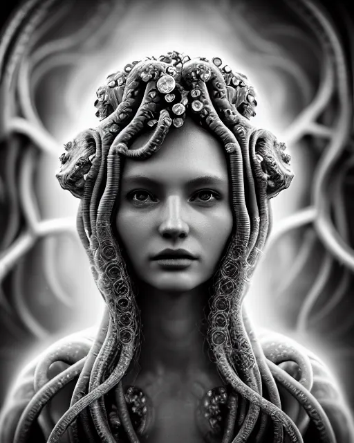 Image similar to mythical dreamy underwater black and white profile face portrait of translucent beautiful female angelic - medusa - vegetal, highly detailed, intricate crystal ivy jelly ornate, poetic, translucent algae ornate, digital art, octane render, 8 k artistic photography, photo - realistic, hg giger