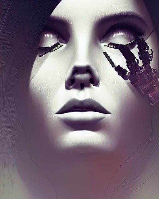 Image similar to portrait of lana del rey as a cyborg. intricate abstract. intricate artwork. by tooth wu, wlop, beeple, dan mumford. octane render, trending on artstation, greg rutkowski very coherent symmetrical artwork. cinematic, hyper realism, high detail, octane render, 8 k, iridescent accents