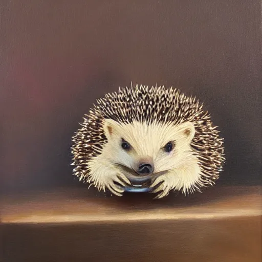 Prompt: hedgehog melting in the heat with a fan pointing at the hedgehog, oil on canvas, detailed, art