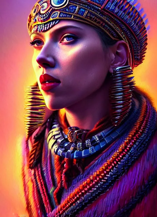 Image similar to portrait of scarlett johansson, hyper detailed ultra sharp aztec shaman warrior. trending on artstation, warpaint aesthetic, bloodwave, colorful, psychedelic, ornate, intricate, digital painting, concept art, smooth, sharp focus, illustration, art by artgerm and greg rutkowski and h. r. giger, 8 k