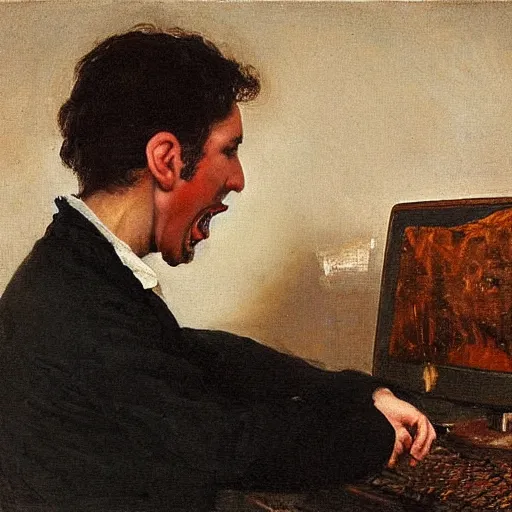 Image similar to an angry man yells at his computer monitor, oil on canvas, 1 8 8 3, highly detailed