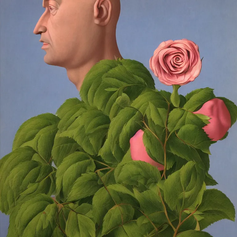 Prompt: portrait of a faceless rose flower - head man by rene magritte, detailed painting, distance, centered, hd, hq, high resolution, high detail, 4 k, 8 k