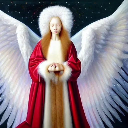 Image similar to highdetailed hyperrealistic painting of white angel!!! no gender!!!, giant ball of miracle light from the chest!!!!!, white sparkles everywhere, 4 k hd fur face!!!, big wings, by jan van eyck, holography space, glow effect, large strokes, soft and clean, white monochrome color!!!!!