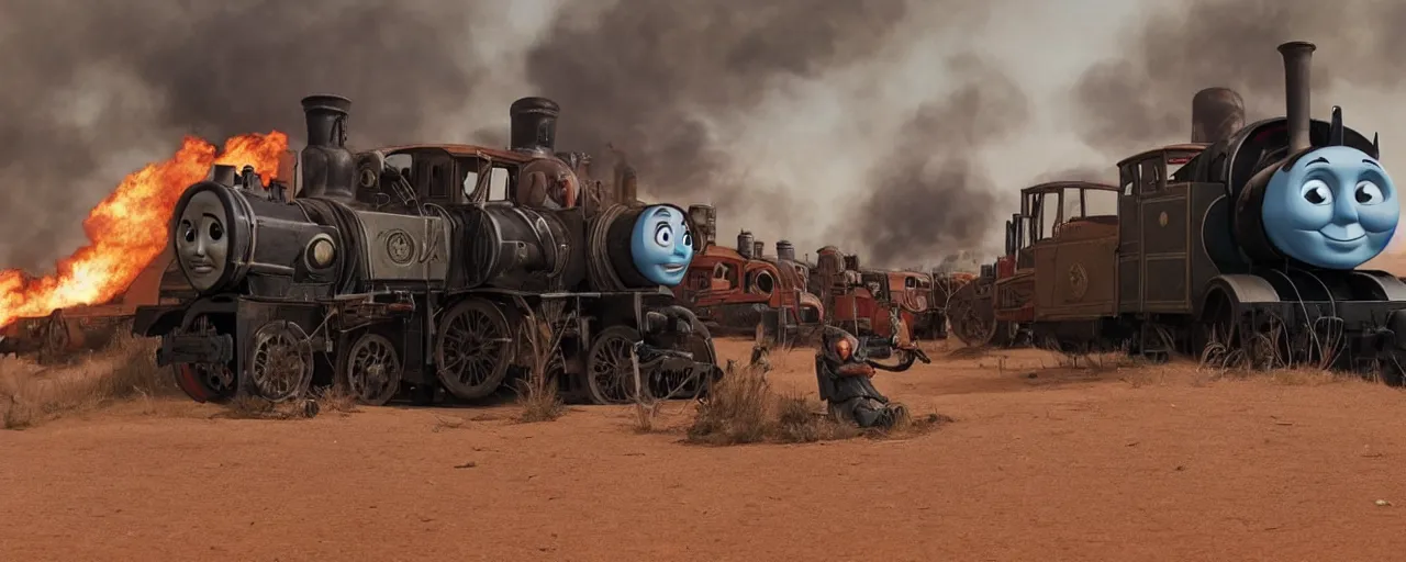 Image similar to Thomas the Tank Engine in the fiery Wasteland of MAD MAX: FURY ROAD