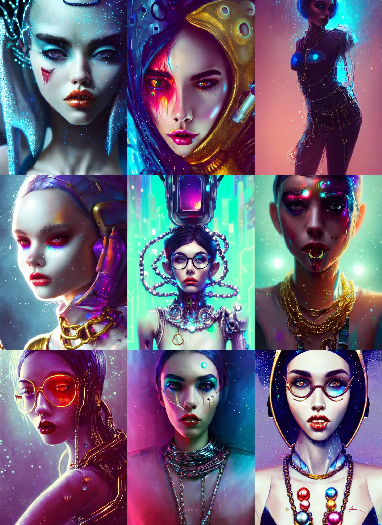 Prompt: disney 8 k photo, gorgeous shiny sweaty rich pearlescent chained white emo clowncore nerd cyborg madison beer, vogue, golden ratio details, sci fi, fantasy, cyberpunk, intricate, decadent, highly detailed, digital painting, octane render, artstation, concept art, smooth, sharp focus, illustration, art by loish, wlop