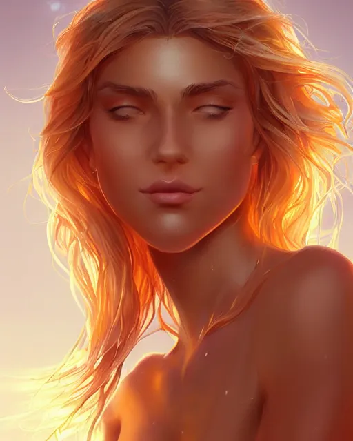 Image similar to summer vibes, beautiful sun tanned goddess, flowy golden hair, sun, summer, cinematic lighting, highly detailed, digital painting, trending on artstation, pixiv, concept art, sharp focus, illustration, art by ross tran and wlop