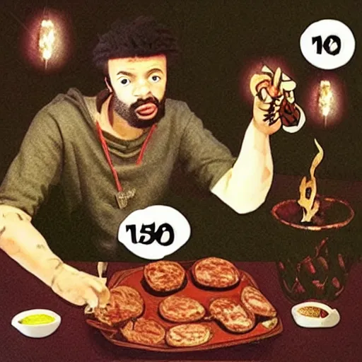 Prompt: “ 2 1 savage eating sausage, award winning pork, actual photo from 1 0 5 6 ad ”