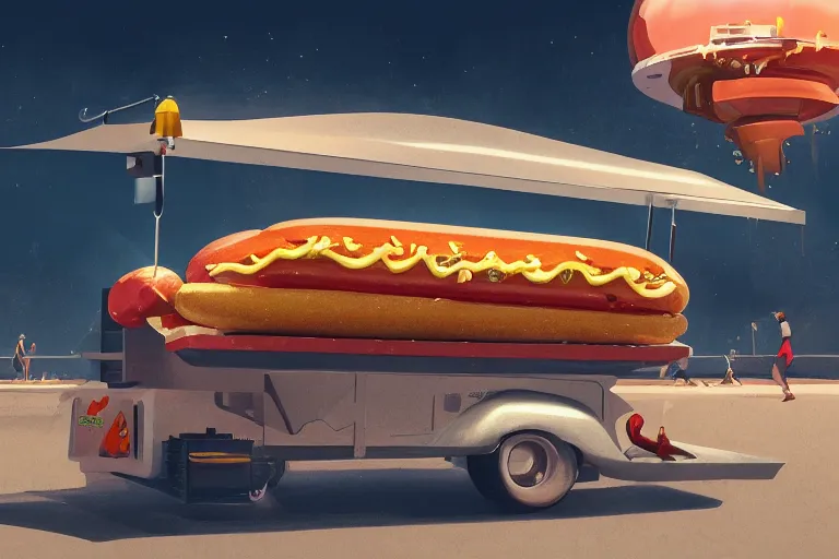 Image similar to ultra realistic illustration, flying vehicle of an hot dog seller, in a shape of an hot dog, sci fi, intricate, elegant, highly detailed, nobodies, digital painting, artstation, concept art, smooth, sharp focus, illustration, art by kezrek and daniel graffenberger