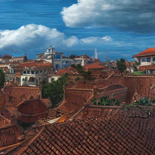 Prompt: very panoramic view of a traditional city with tiled roofs surrounded by a wooden wall, texture, intricate, details, highly detailed, masterpiece, architecture, building, trending on artstation, focus, sharp focus, concept art, digital painting, fantasy, sunny, day, midday, trending on artstation