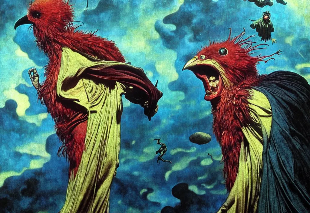 Image similar to realistic detailed portrait movie shot of a screaming birdman wearing black robes, sci fi landscape background by denis villeneuve, amano, yves tanguy, alphonse mucha, ernst haeckel, max ernst, roger dean, masterpiece, rich moody colours, snarling dog teeth, blue eyes