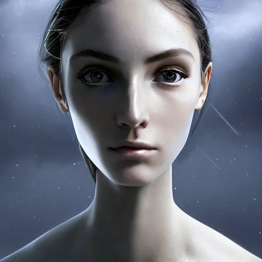 Prompt: A young beautiful female angelic-extraterrestrial-cyborg face with a very long neck, big detailed luminous eyes, thin nose, big lips, hair floating in the wind, Realistic, Refined, Digital Art, Pre-Raphaelite, Highly Detailed, Cinematic Lighting, rim light, dramatic, contrasted black and white, photo-realistic Unreal Engine, 8K