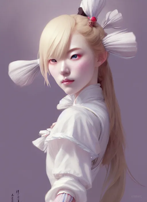 Image similar to symmetry!! portrait of a pretty japanese girl with blonde hair dressed as a french maid, elegant, highly detailed, digital painting, 8 k, concept art, smooth, sharp focus, illustration, ethereal, misty, octane render, by ruan jia and greg rutkowski and alphonse mucha