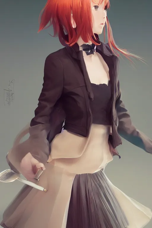 Image similar to Very complcated dynamic composition, realistic anime style at Pixiv, Zbrush sculpt colored, Octane render in Maya and Houdini VFX, young redhead girl in motion, wearing jacket and skirt, silky hair, black stunning deep eyes. By ilya kuvshinov, krenz cushart, Greg Rutkowski, trending on artstation. Amazing textured brush strokes. Cinematic dramatic soft volumetric studio lighting