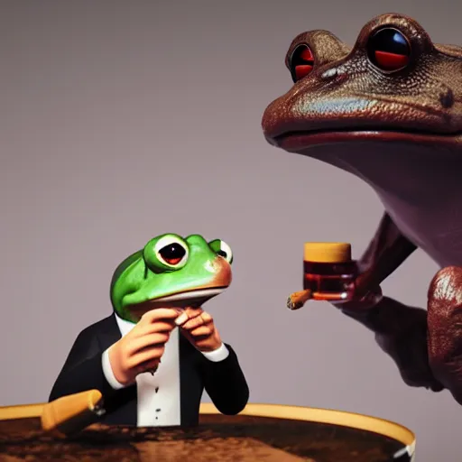 Image similar to a high quality photo of an antropomorphic frog wearing a suit smoking a cigar, 3d scene, render, ultra realistic, artstation, cgsociety