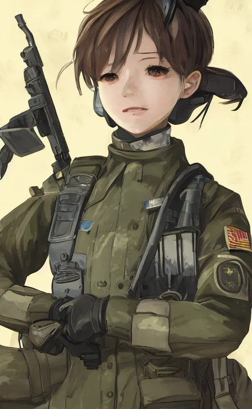 Prompt: portrait of a female soldier, highly detailed, high resolution, military camp in the background, the front of a modern trading card, illustration, character concept art, stunning, girls frontline style, by mangaka, matte, 100mm, by shibafu, by animation studio mappa, realistic human anatomy, realistic military carrier, modern warfare, realistic weapon, digitally draw on wacom tablet, low saturation, small eyes