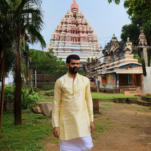 Image similar to kovil in background, wearing a silk kurta, daytime photograph of drake the rapper, drake the rapper's face, daytime lighting