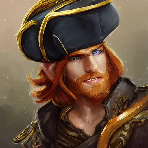 Prompt: dashing charming ginger grinning charismatic elf male rogue, wearing pirate captain's tricorne hat, naval background, amazing, portrait, stunning, trending on art station, artgerm, Greg rutkowski