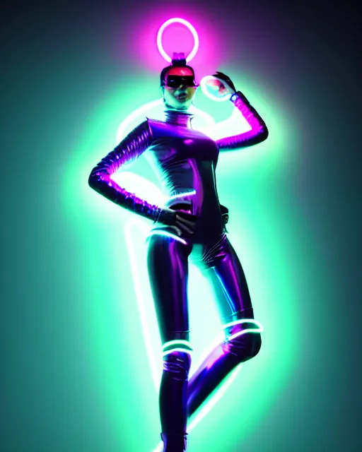 Prompt: ultra realistic photo of a cyber neon queen, retro futurism, full body pose, thick fancy eyeliner, hyper photorealistic, fashion photography, digital photography, trending on artstation, cinematic, 4 k ultra hd, art by pascal blanche, art by greg rutkowski