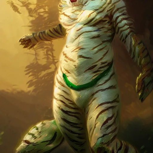 Image similar to a beautfiul award winning commission of a albino tiger wearing emerald armour,digital art,detailed face,art by greg rutkowski,ross tran,artgerm,character deisgn by charles bowater,artstation,deviantart,aesthetic,relaxing atmosphere