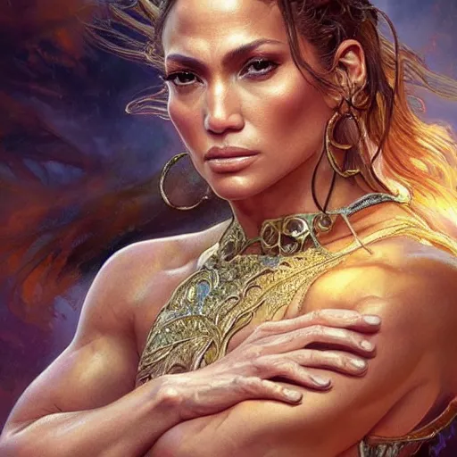 Image similar to jennifer lopez as a heavenly god, upper body, muscular, fantasy, intricate, elegant, highly detailed, digital painting, artstation, concept art, smooth, sharp focus, illustration, art by artgerm and greg rutkowski and alphonse mucha