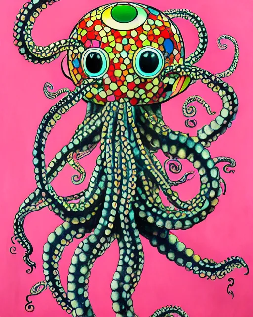 Prompt: Octopus goddess, a painting of a weird creature with a weird hat, a surrealist painting by Takashi Murakami, trending on deviantart, pop surrealism, lowbrow, lovecraftian, whimsical