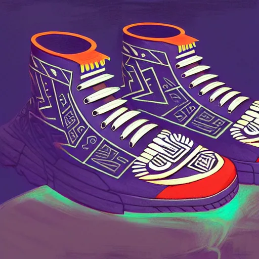 Image similar to sneaker design, aztec mayan street fashion native punk shoe design, hip hop sneaker design with subtle mayan patterns, gapmoe yandere grimdark, trending on pixiv fanbox, painted by greg rutkowski makoto shinkai takashi takeuchi studio ghibli, akihiko yoshida