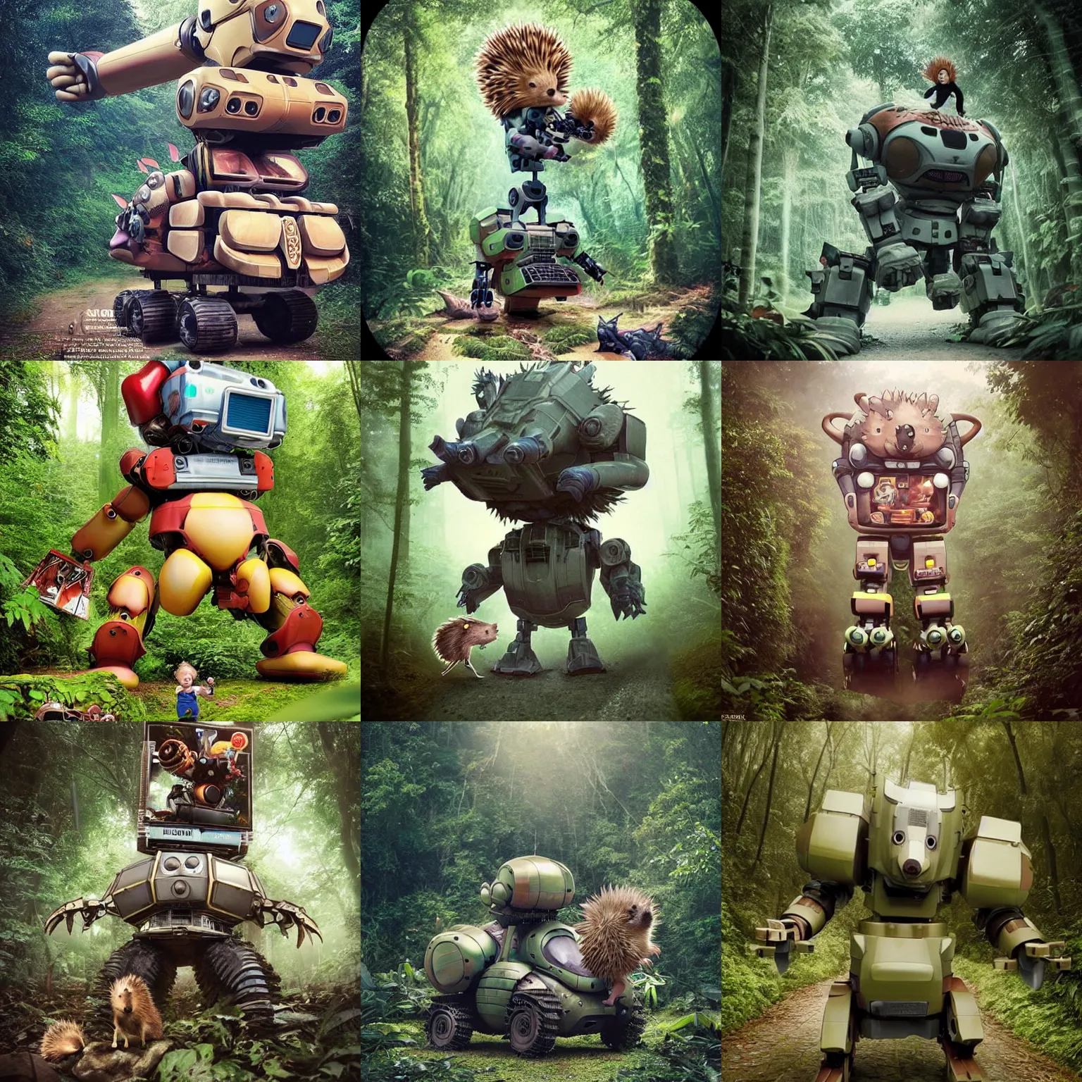 Prompt: epic pose!!! giant oversized battle hedgehog robot wacky chubby mech smoking sport wheelchair! double decker with giant oversized hair and hedgehog babies ,in deep jungle forest , full body , Cinematic focus, Polaroid photo, vintage , neutral dull colors, soft lights, foggy mist , by oleg oprisco , by thomas peschak, by discovery channel, by victor enrich , by gregory crewdson