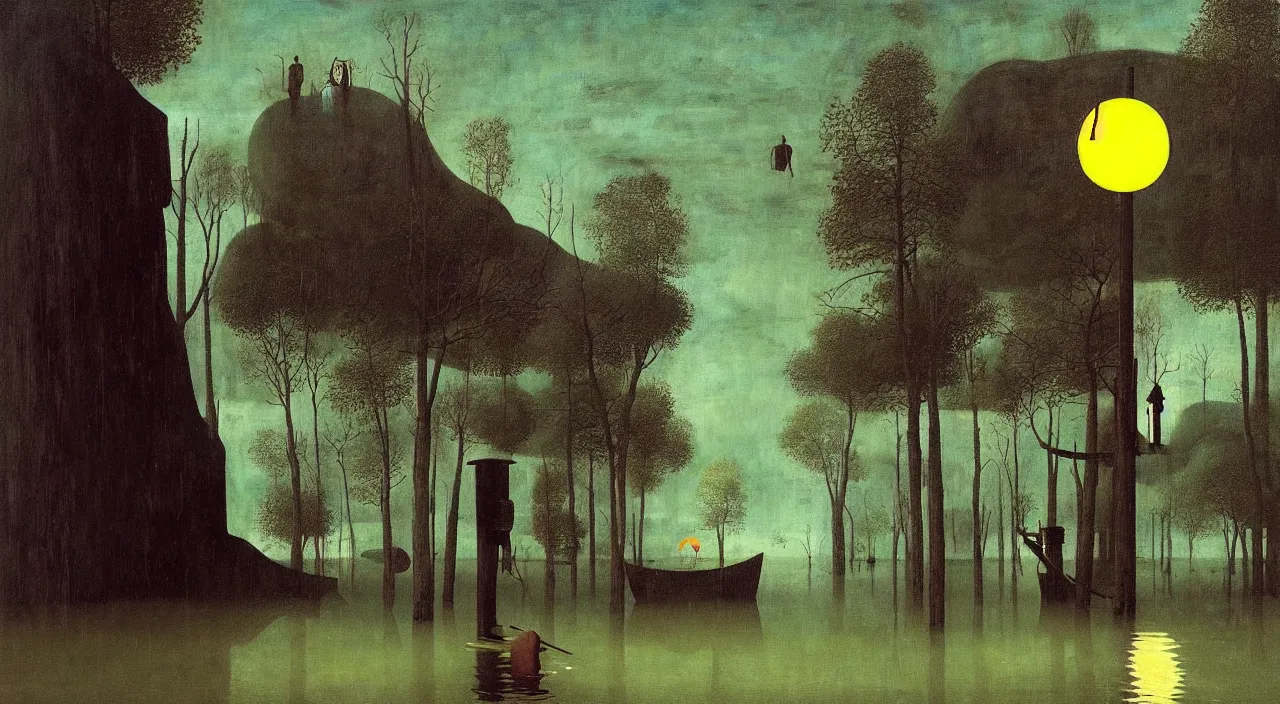 Image similar to single flooded wooden pole, very coherent and colorful high contrast masterpiece by franz sedlacek hieronymus bosch dean ellis simon stalenhag rene magritte gediminas pranckevicius, dark shadows, sunny day, hard lighting