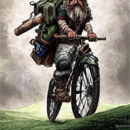 Image similar to a bearded and long haired bicycle food delivery worker with a green bag on his back in Europe, he has boots, epic fantasy style art by kim jung gi, fantasy epic digital art