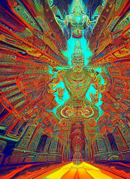 Image similar to breathtakingly beautiful ultrawide angle colour masterpiece weird dream, low angle view from inside a hindu temple, figure meditating close shot, strange beautiful cybertronic temple, incredible sense of depth and perspective and clarity, hyperrealism, realistic, dramatic lighting, leds, arch, symmetry symmetrical, alex grey and moebius and studio ghibli, 8 k